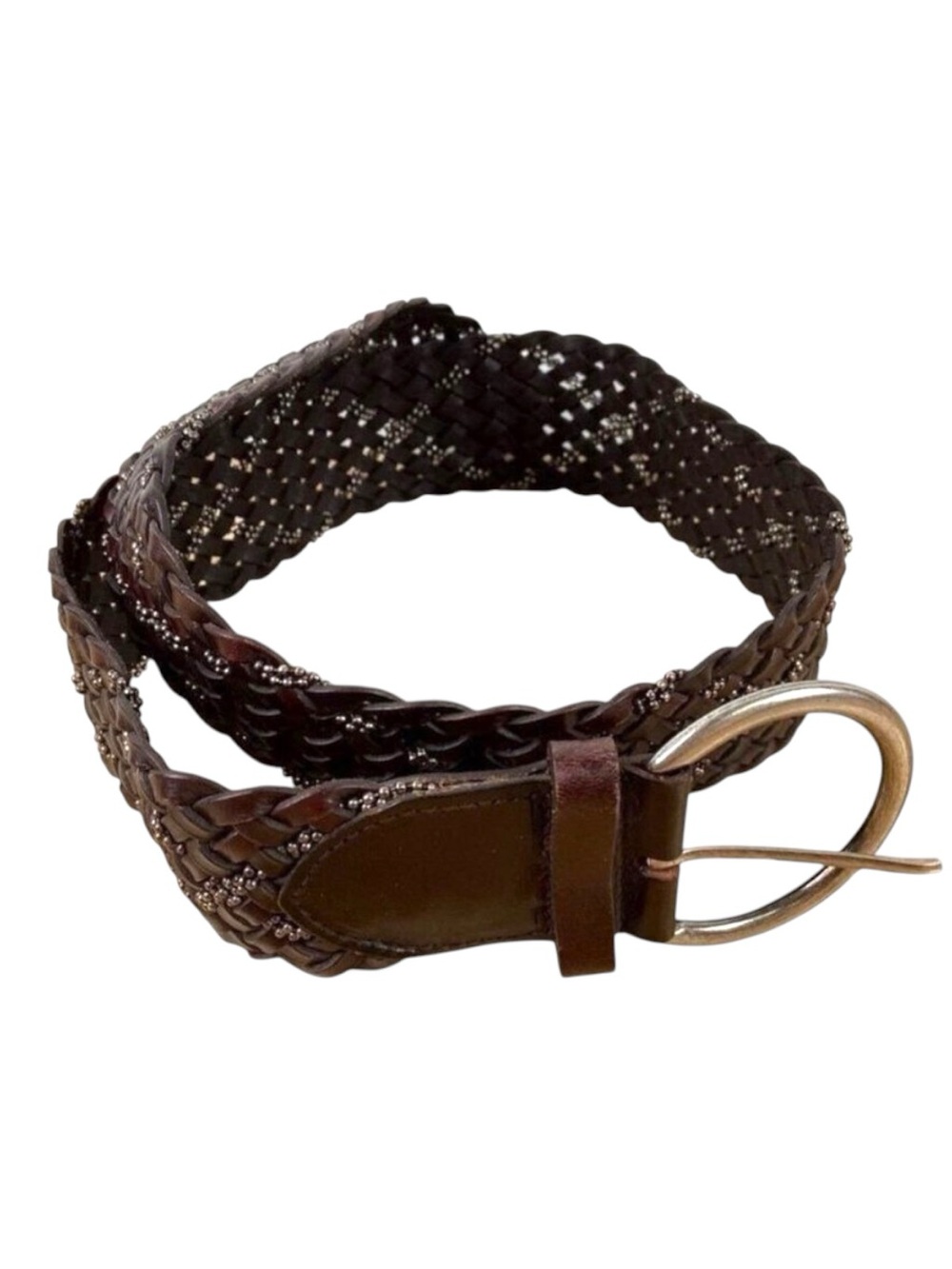 Genuine Breaded Leather belt Coldwater creek brown silver embellishments small